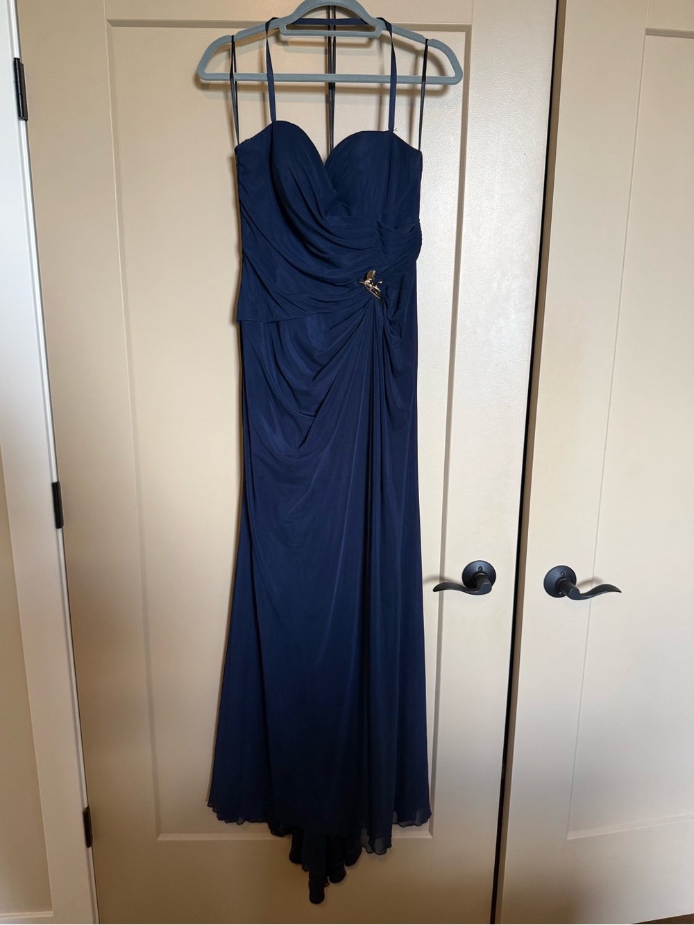 Elegant Navy Evening Gown with Draped Detail